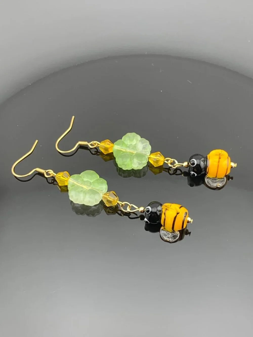 Bumble Bee Flower Lampwork Dangle Gardencore Handmade Earrings LR214